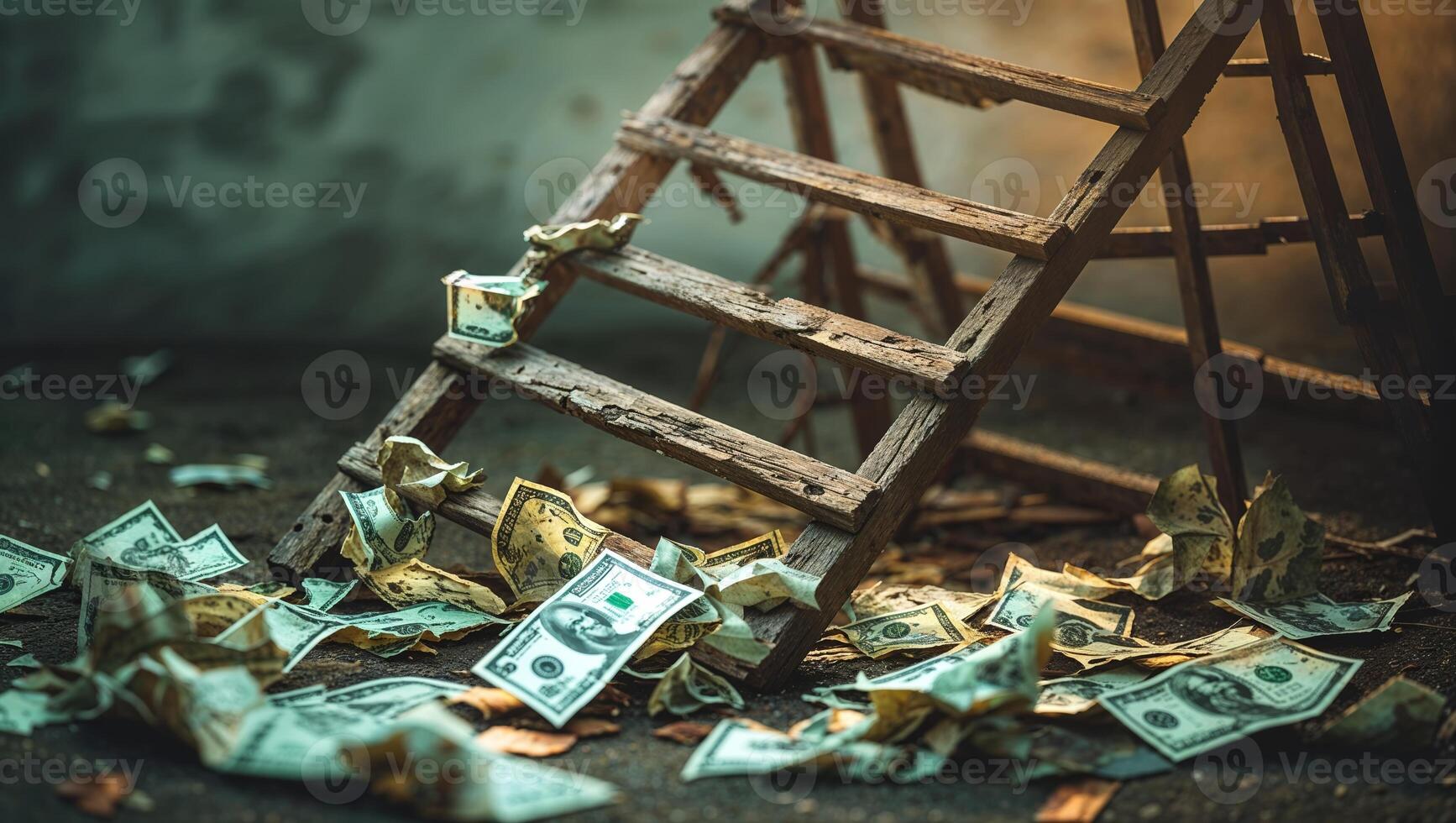 Crumpled currency scattered around a wooden ladder in a dimly lit room photo
