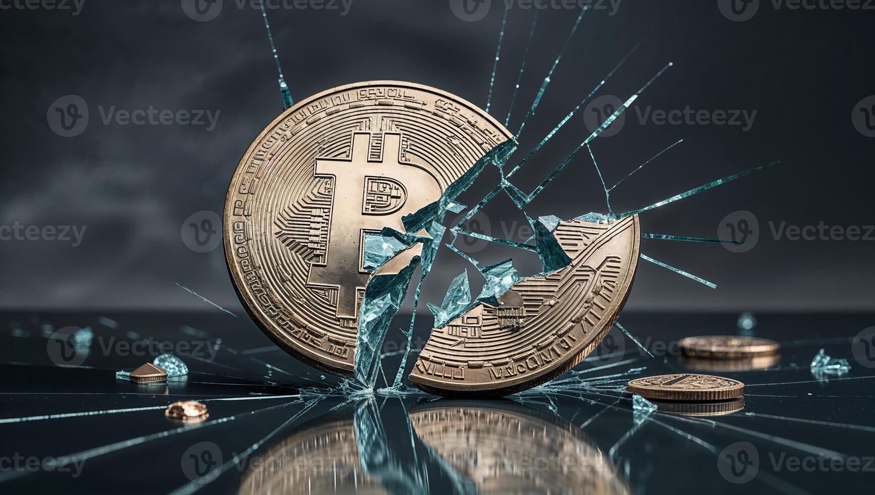 Bitcoin coin shattering glass surface in dramatic display of breaking barriers in digital currency photo