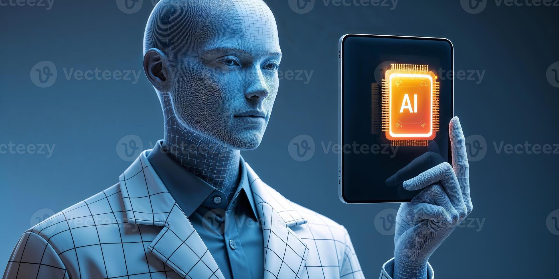 Digital humanoid model holding tablet displaying artificial intelligence symbol in futuristic setting photo