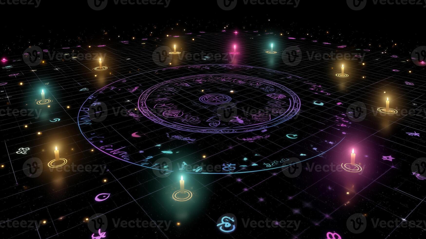 Magical circle illuminated with colorful candles and symbols during a ritual at night photo