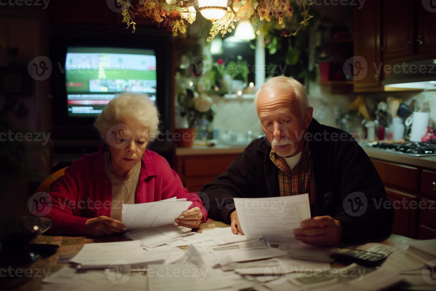 Elderly couple reviewing financial documents at kitchen table during evening photo