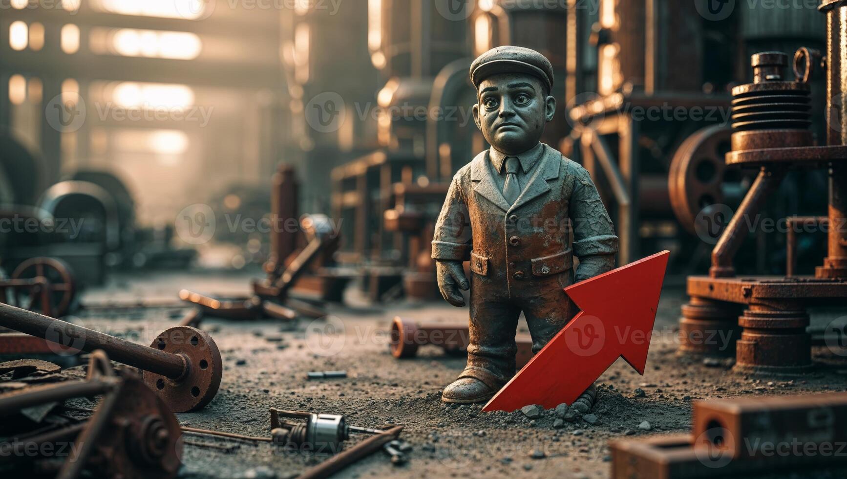 Small figurine standing amid industrial debris in a dusty workshop, symbolizing growth and resilience in challenging environments photo
