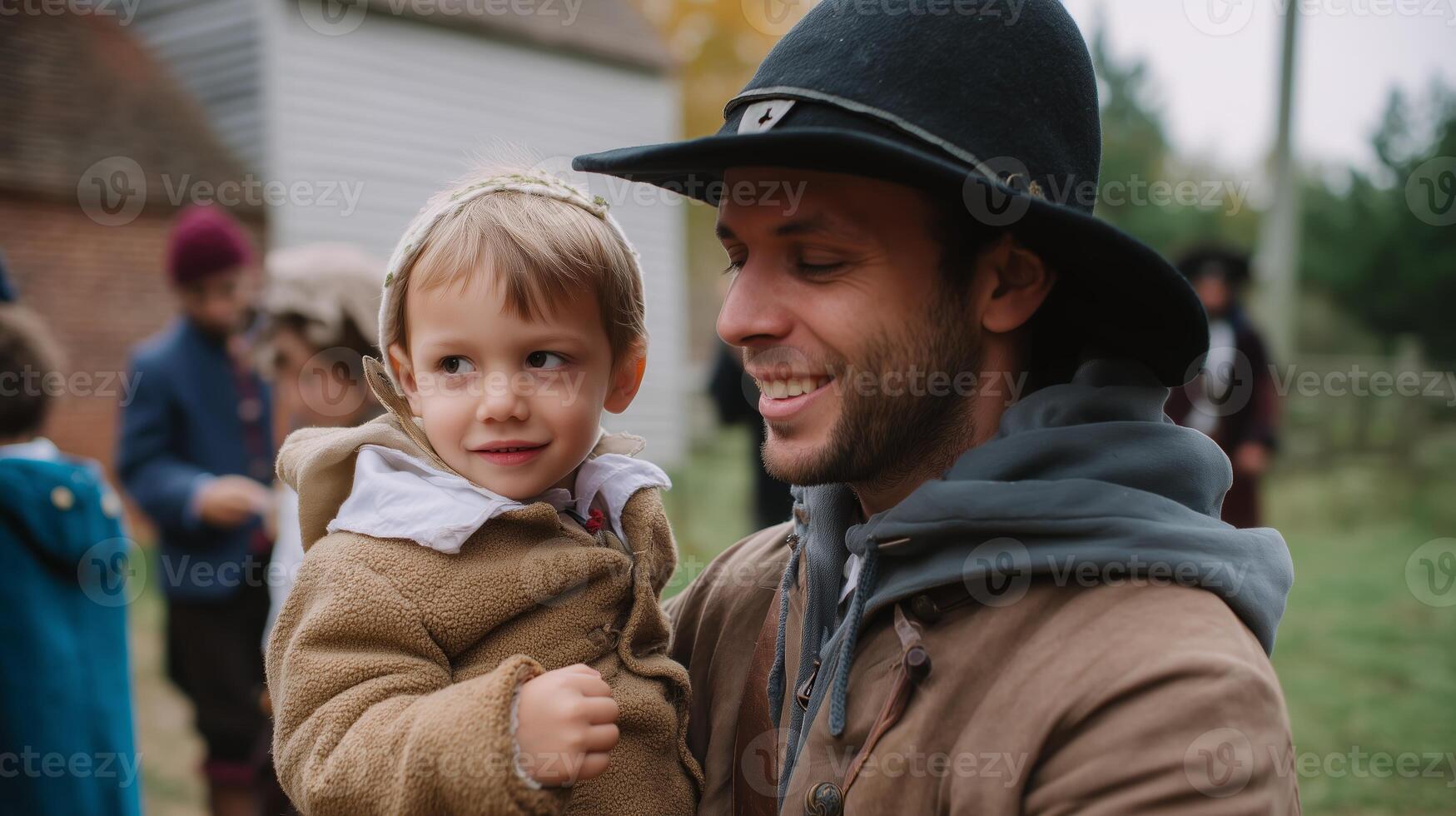 Family bonding during fall festival at a historical village in autumn, featuring traditional attire photo
