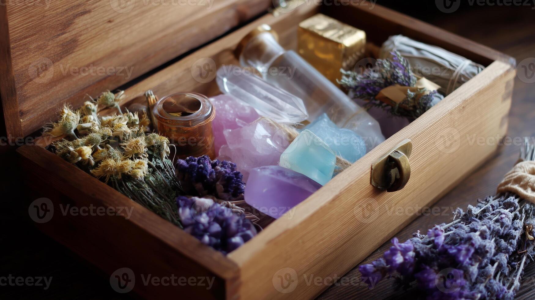 Unique wooden box filled with colorful crystals, herbs, and essential oils in a rustic setting photo