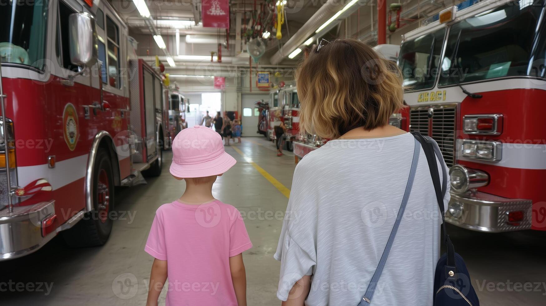 Visiting the local fire station with a child during an open house event in summer photo