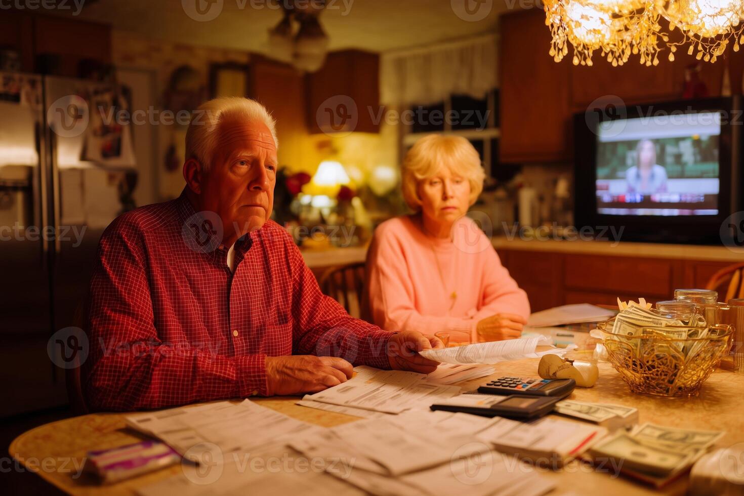 Elderly couple reviewing bills and finances in their cozy kitchen during the evening hours photo
