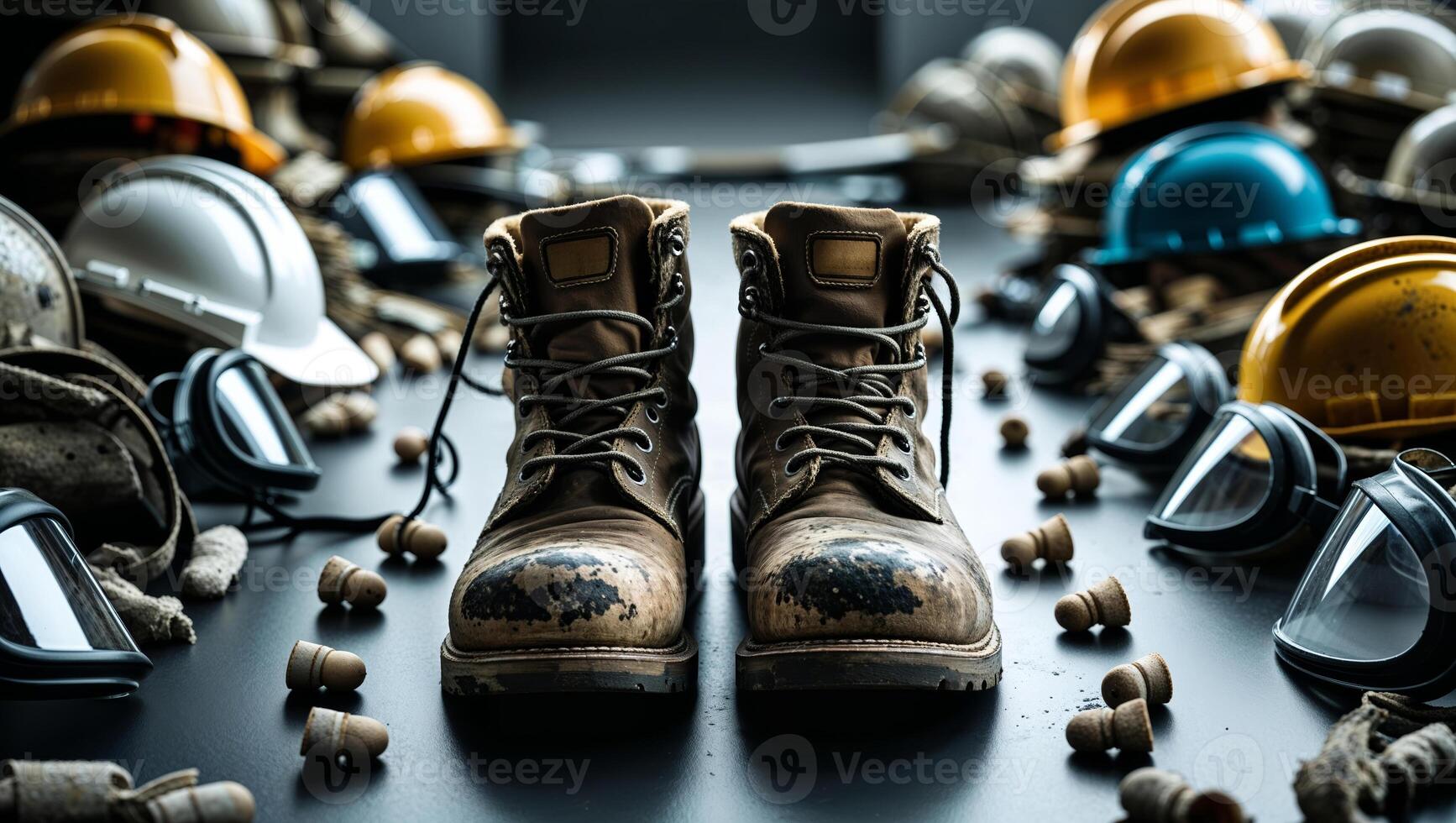 Work boots surrounded by safety gear in a construction workspace filled with helmets and goggles during daylight hours photo