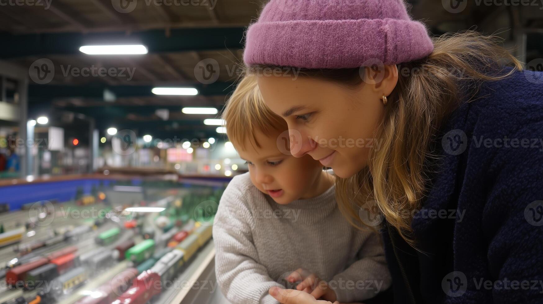 Child explores a miniature train exhibit with mother at a museum in the afternoon photo