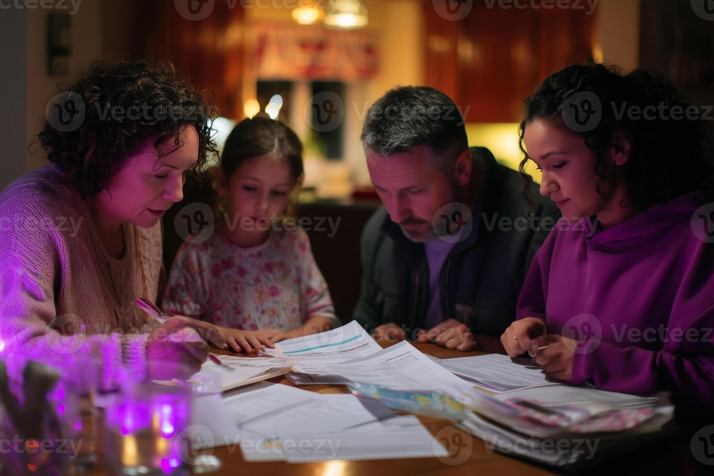 Family gathers around the table to work on homework and paperwork during a cozy evening indoors photo