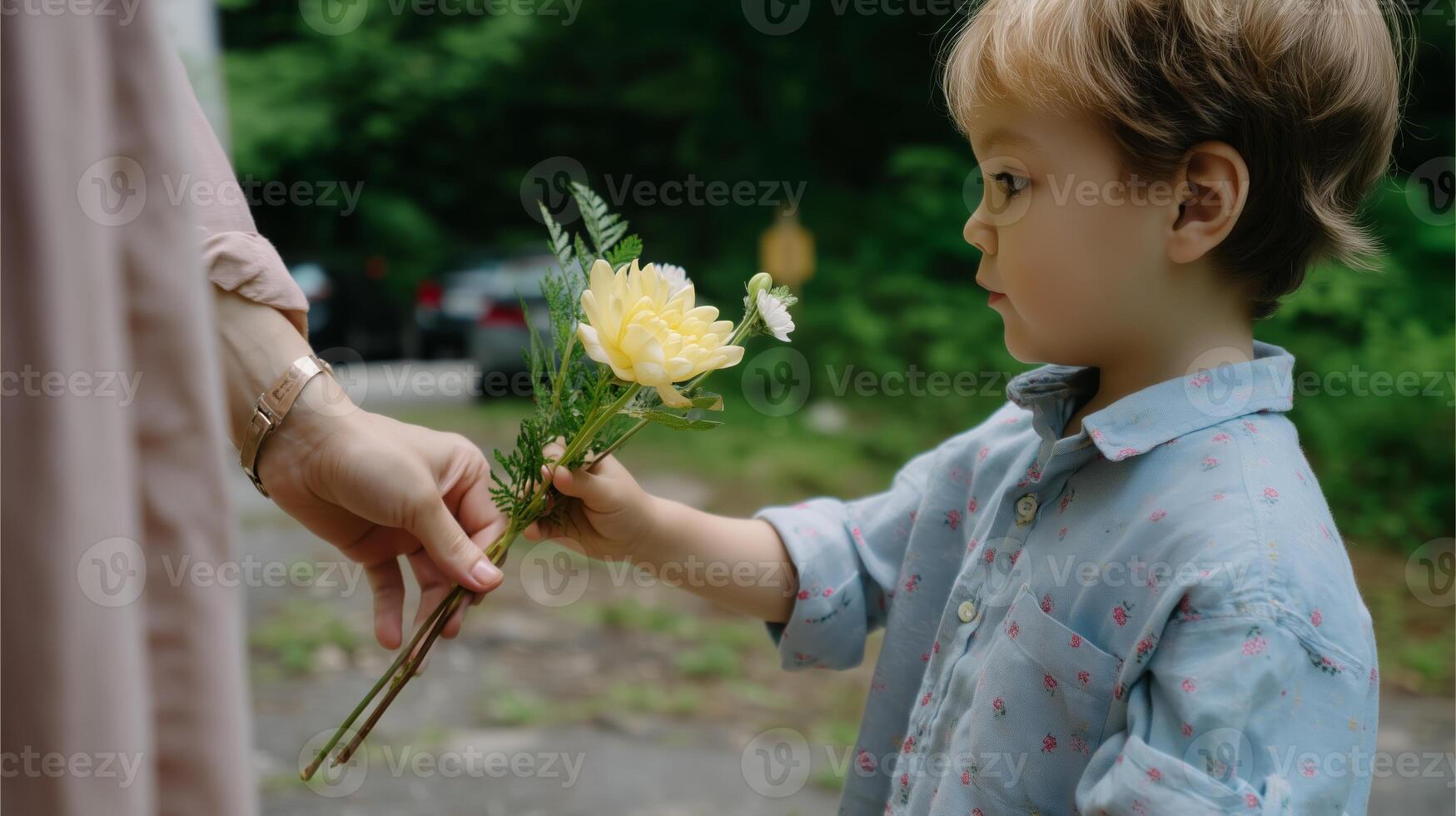 Child offering flowers in a natural setting on a sunny day photo