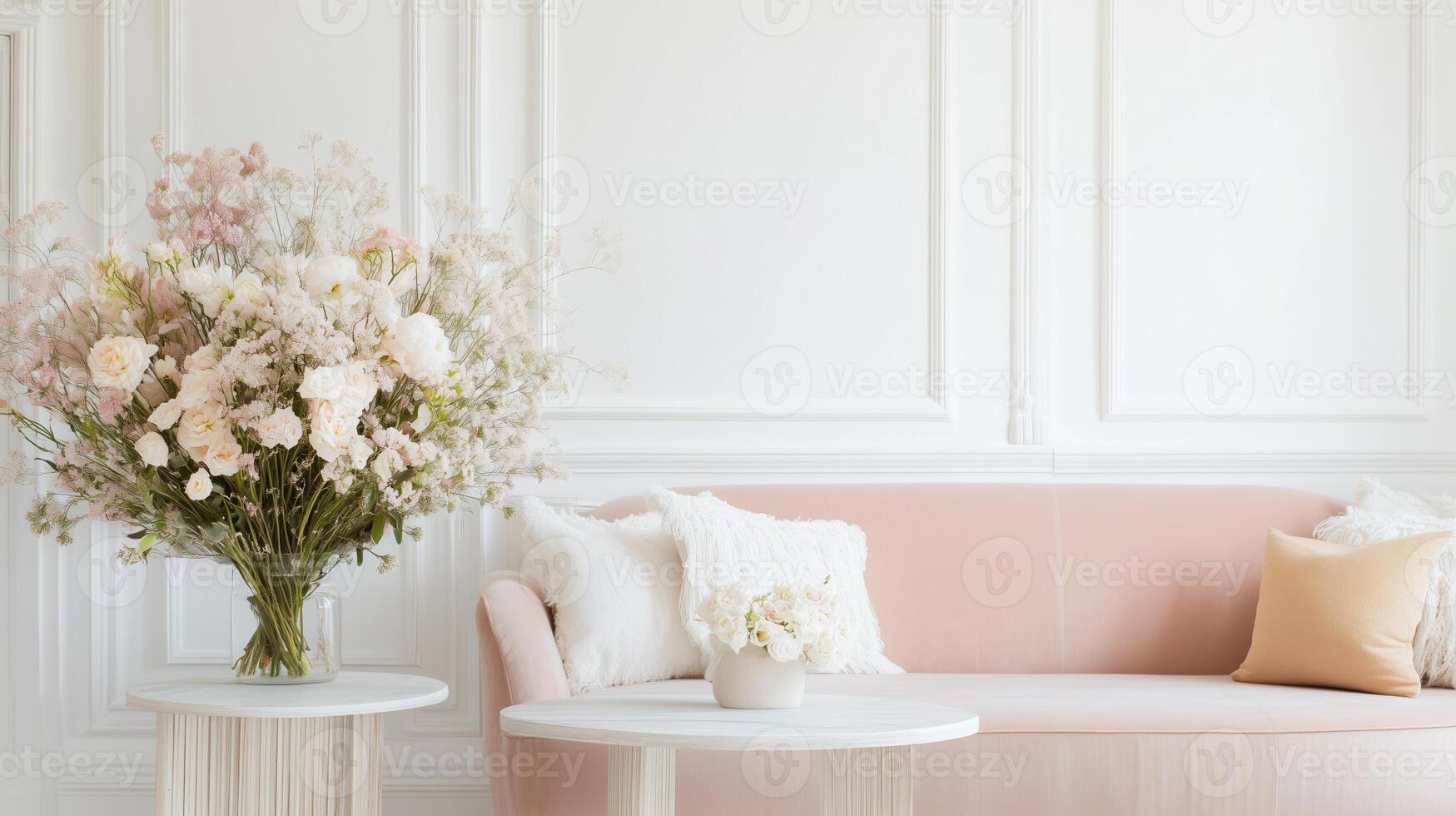 Elegant living room decor featuring fresh flowers and pastel colors in a bright, airy space photo