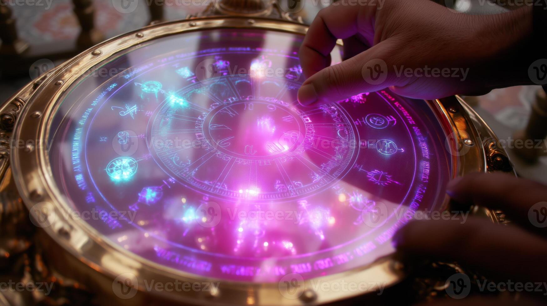 Mystical astrological device illuminated with colorful lights in a dimly lit room photo