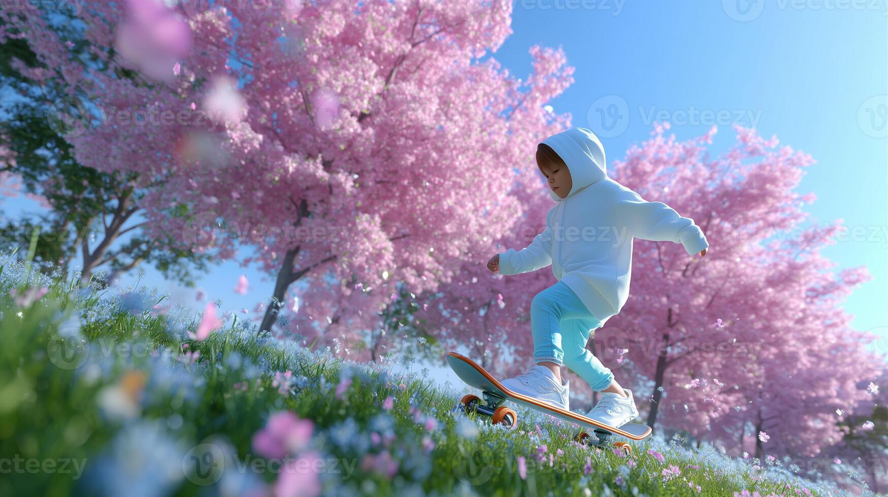 Child skateboards joyfully among blooming cherry blossom trees on a sunny day photo