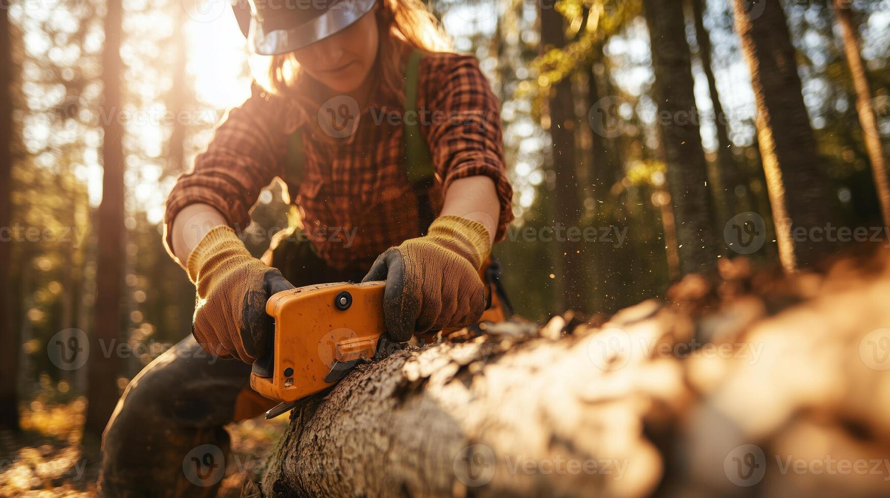 Woman operates chainsaw to cut down tree in forest during golden hour photo