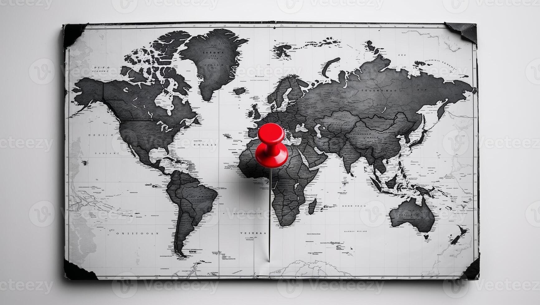 Red pushpin marks important location on detailed black and white world map in a creative workspace setting photo