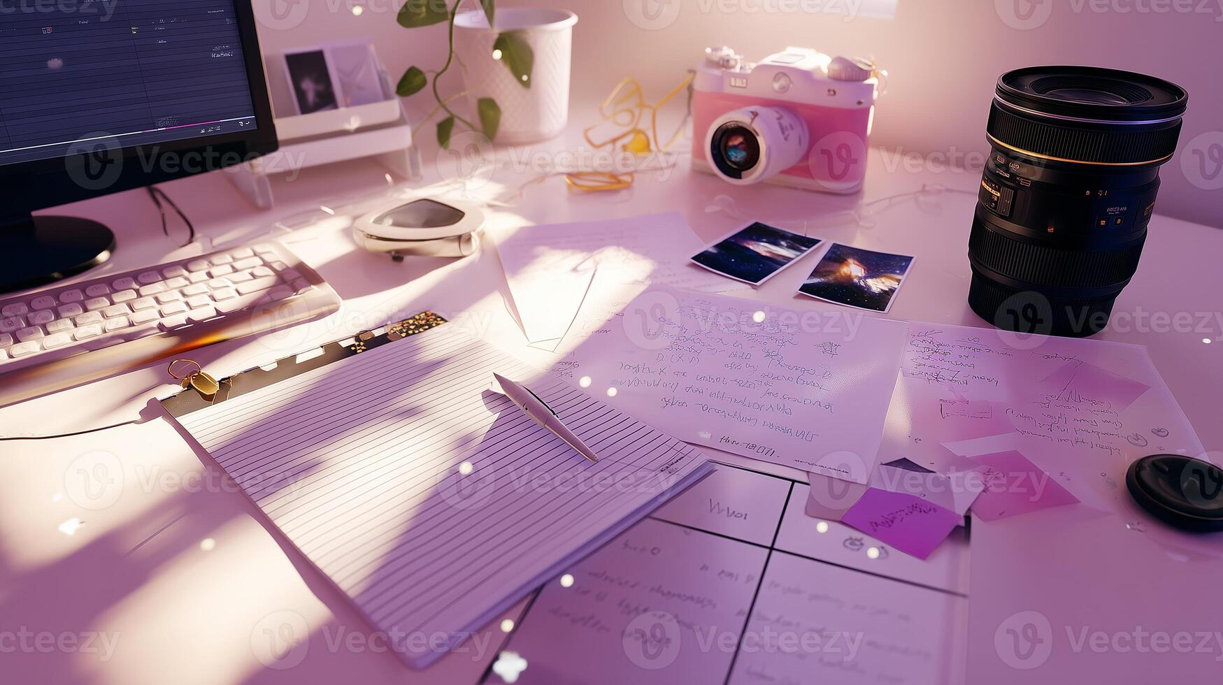 Creative workspace with notes, camera, and natural light during early afternoon photo