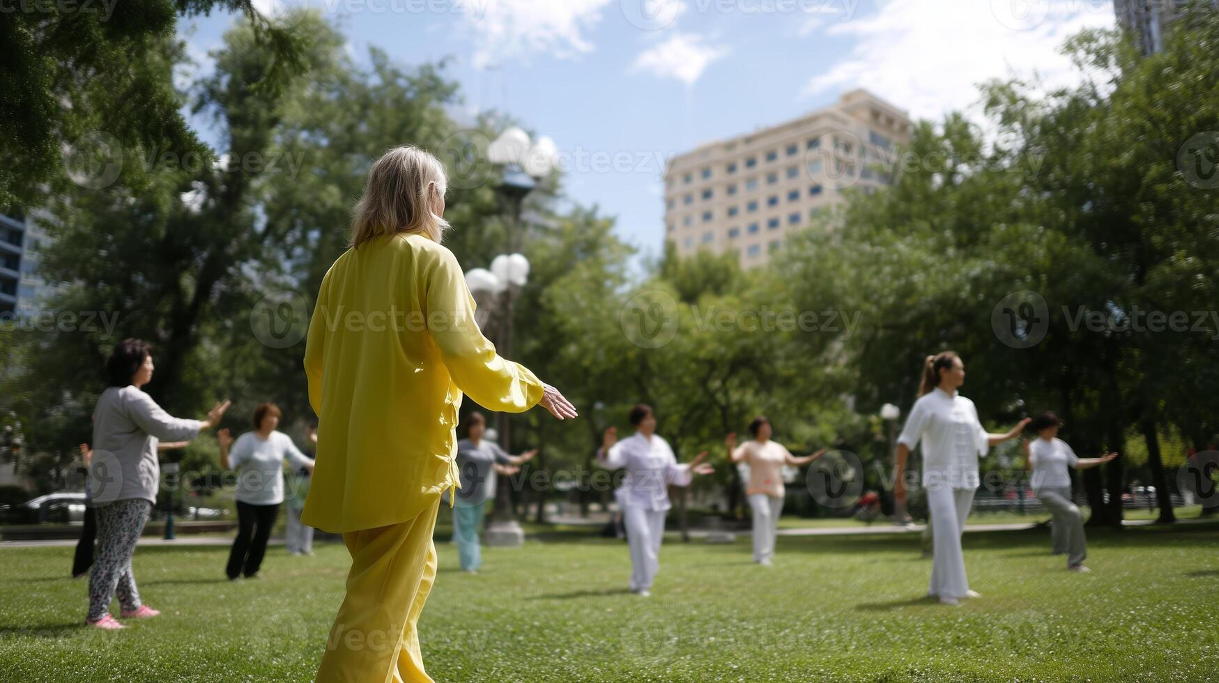 Group of individuals practicing tai chi in a city park during a sunny afternoon photo