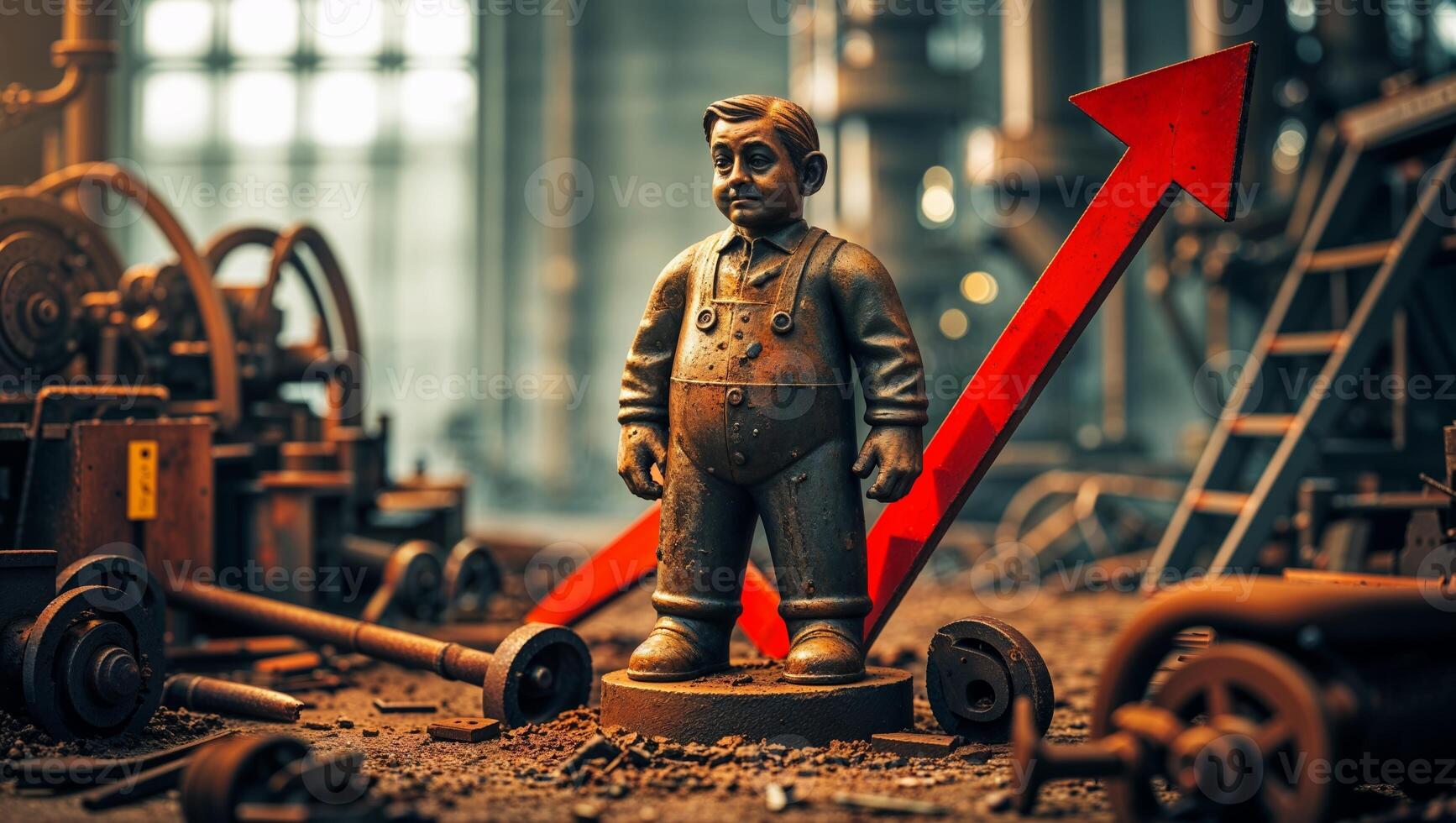 Statue of a boy in overalls with a rising arrow in a workshop setting showcasing industrial progress photo