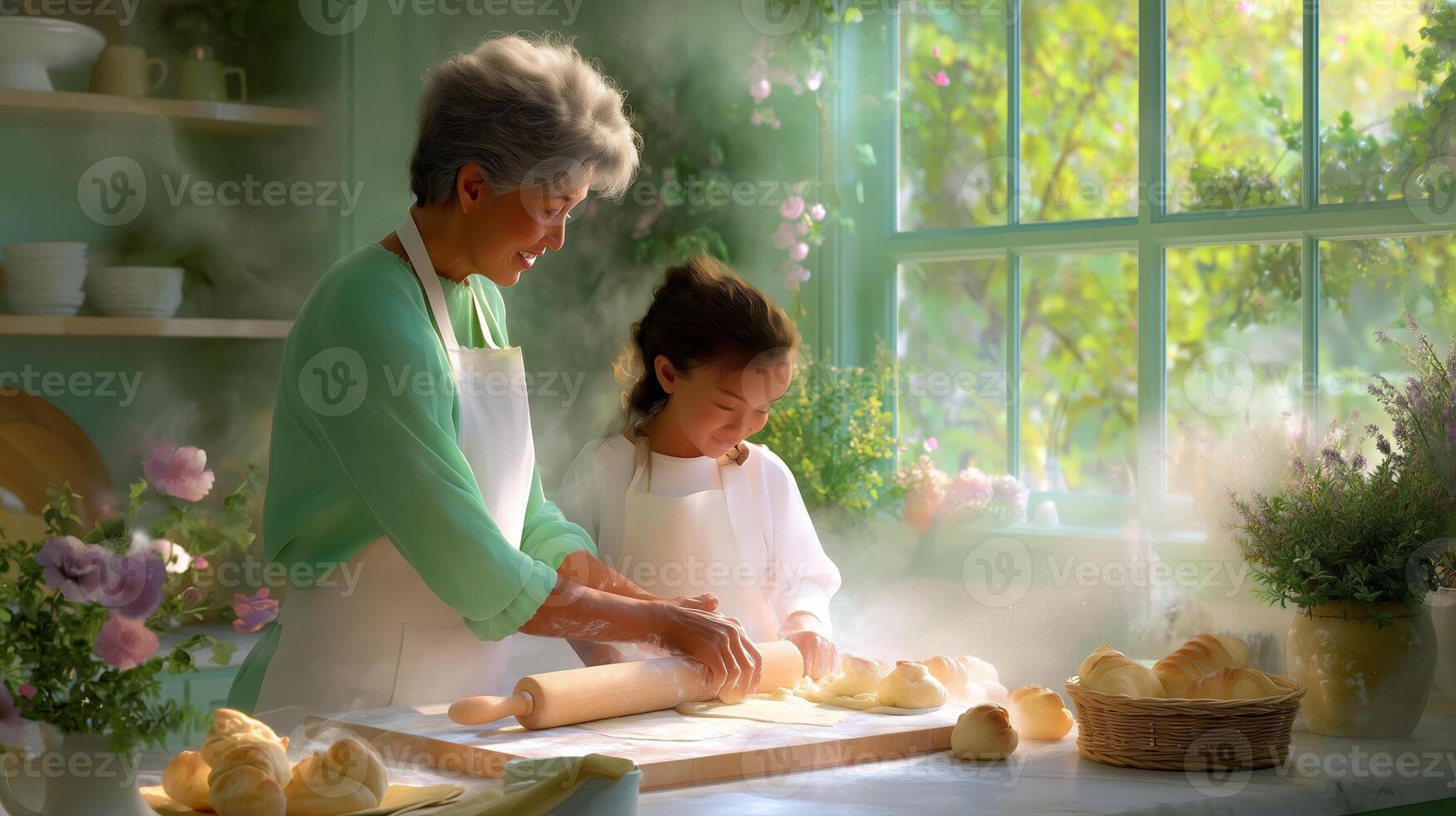 Grandmother and granddaughter baking bread together in a sunny kitchen surrounded by greenery photo