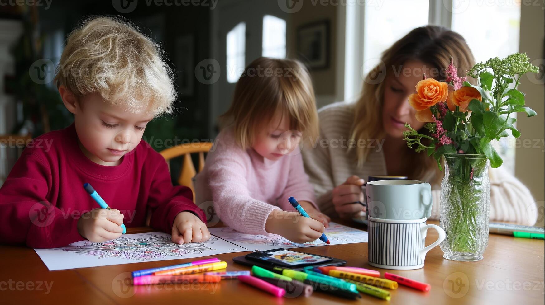 Children engage in coloring activity with mother at home on a cozy afternoon, surrounded by art supplies and flowers photo