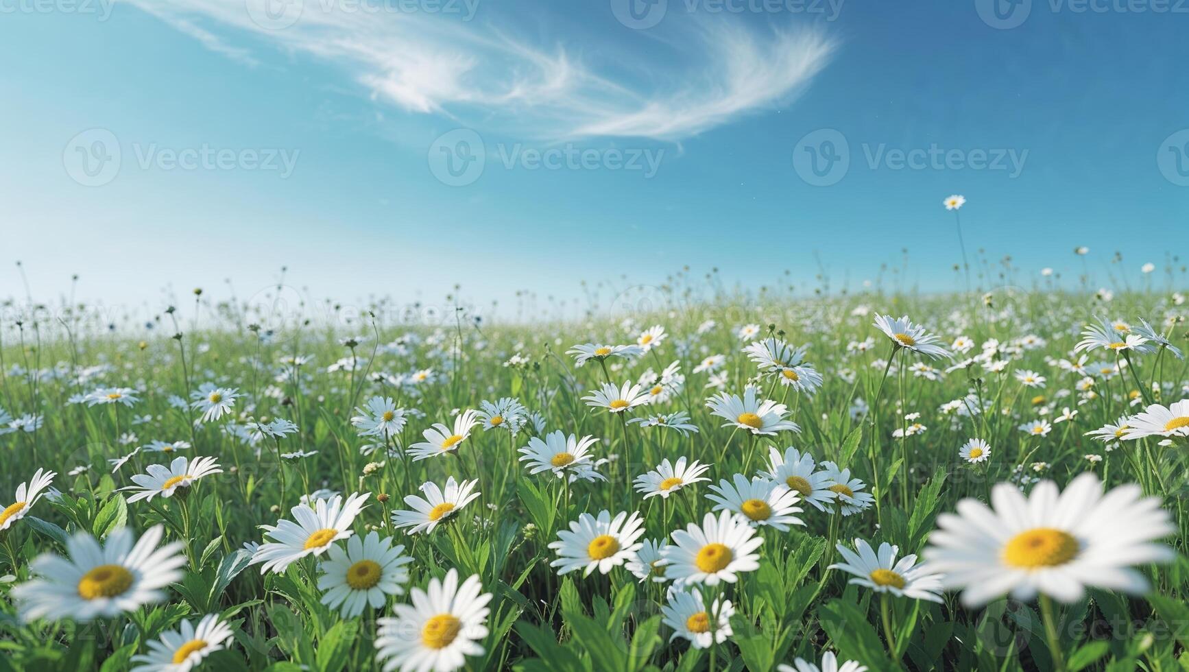 Bright field of daisies under a clear blue sky with soft clouds on a sunny day photo