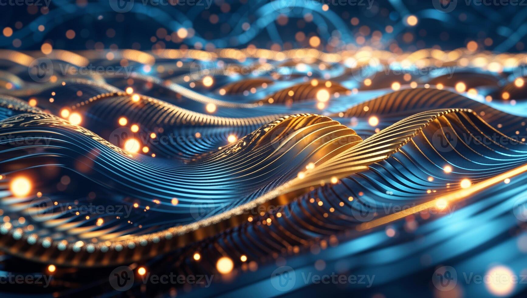 Abstract wavy pattern illuminated by golden light against a blue background creating a dynamic visual effect in a futuristic setting photo