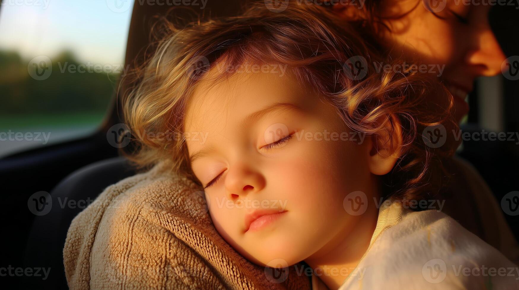 Child peacefully sleeping in a car during a sunset while being held by a caring adult photo