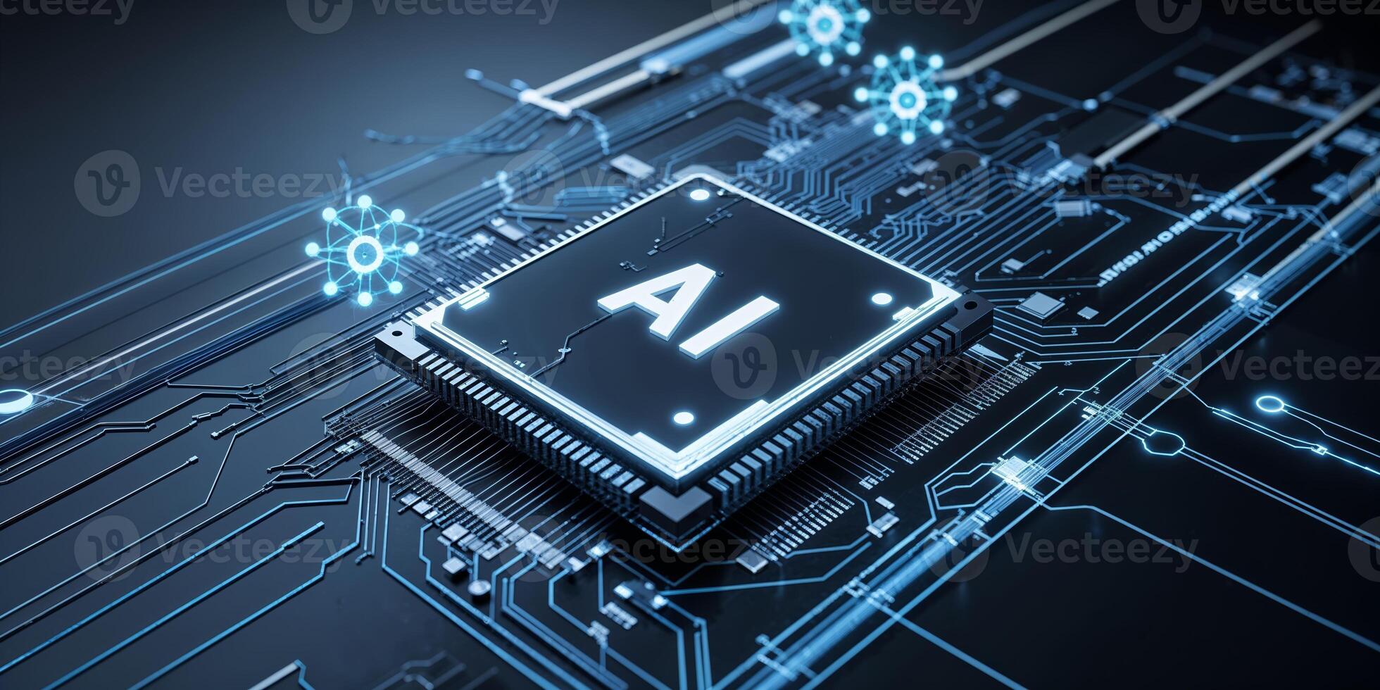 Innovative technology focus on AI microchip surrounded by digital circuits and blue light effects photo