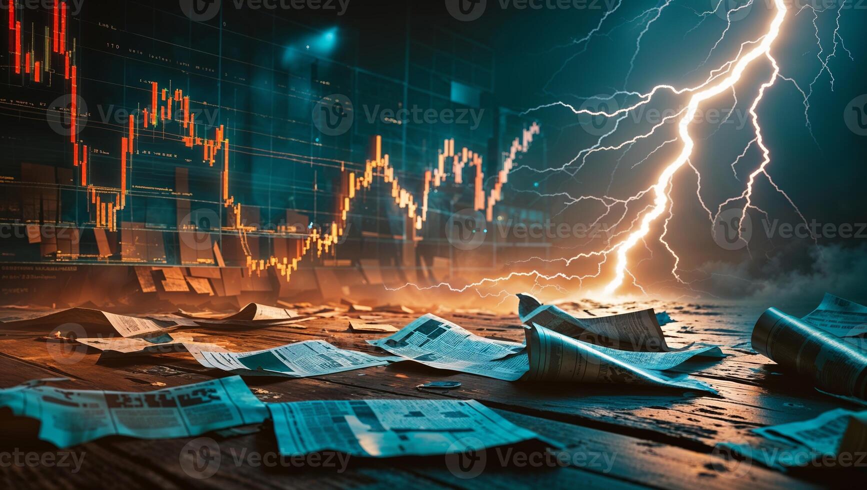 Dramatic storm reflecting market volatility with lightning striking over scattered financial news and charts photo