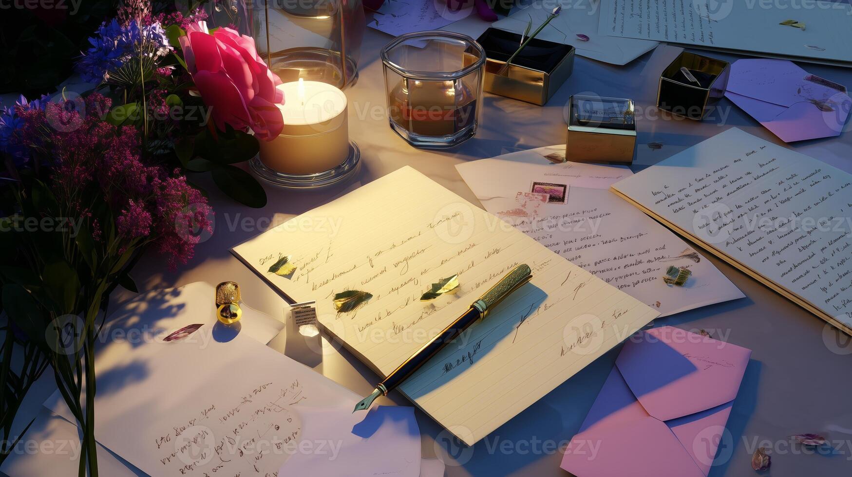 Warm romantic setting with handwritten letters, flowers, and candlelight creating an intimate atmosphere in the evening photo