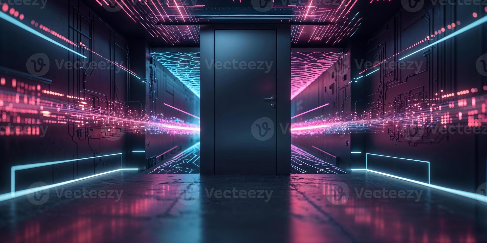 Futuristic hallway with glowing lines and digital patterns in a high-tech setting at night photo