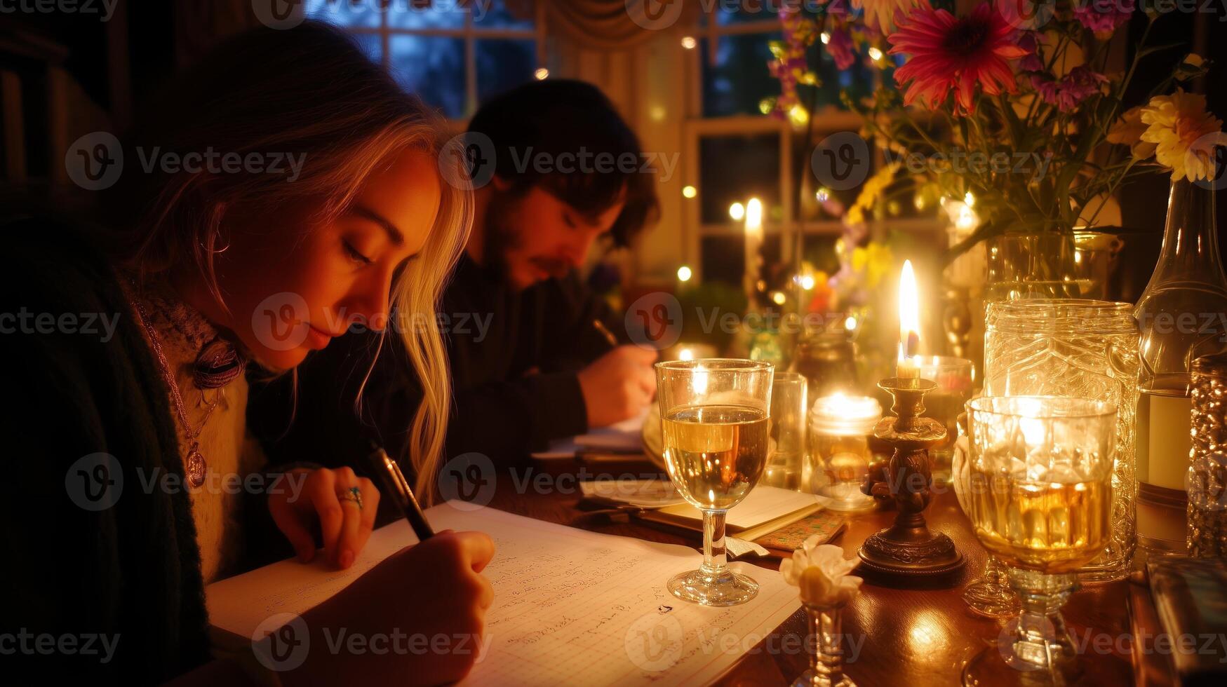 Couple enjoys candlelit writing session during cozy evening at home with flowers and soft lighting photo