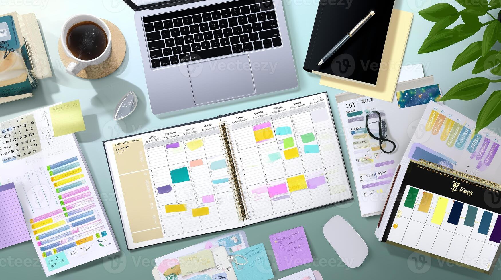 Workspace setup featuring a planner, laptop, stationery, and coffee during a productive day of organizing tasks and schedules photo