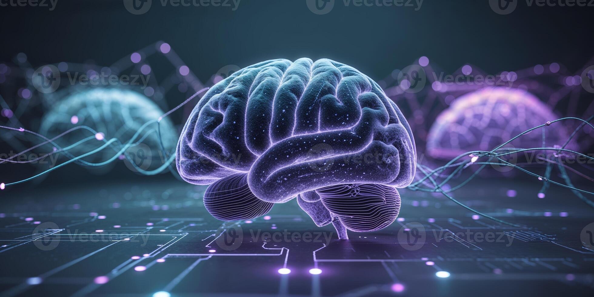 Digital representation of a human brain illustrating neural connections and data transmission photo