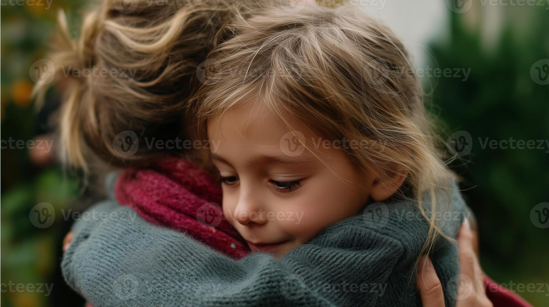 Embracing warmth and affection during a heartfelt moment in a cozy garden setting photo