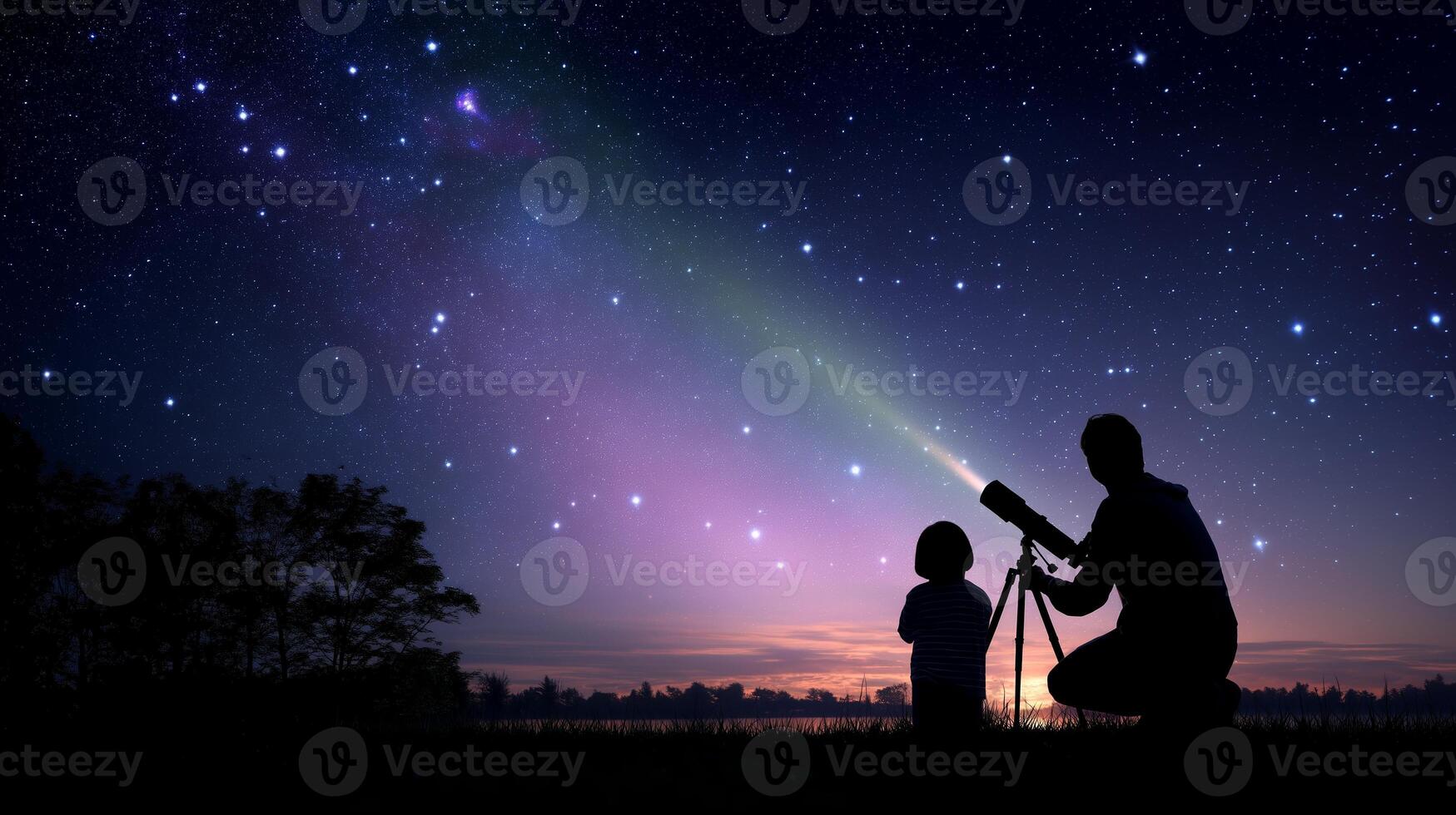 Star gazing adventure at dusk with a parent and child using a telescope under a starry sky photo