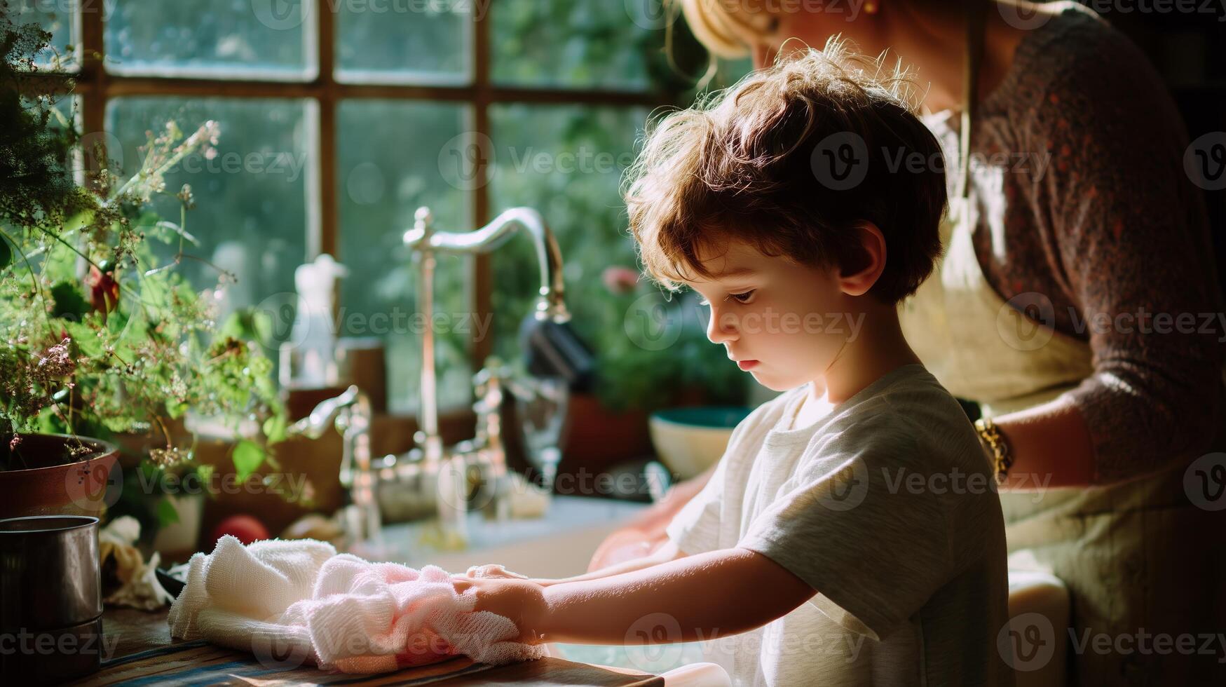 Child helping with drying dishes in a sunlit kitchen filled with plants and warmth photo