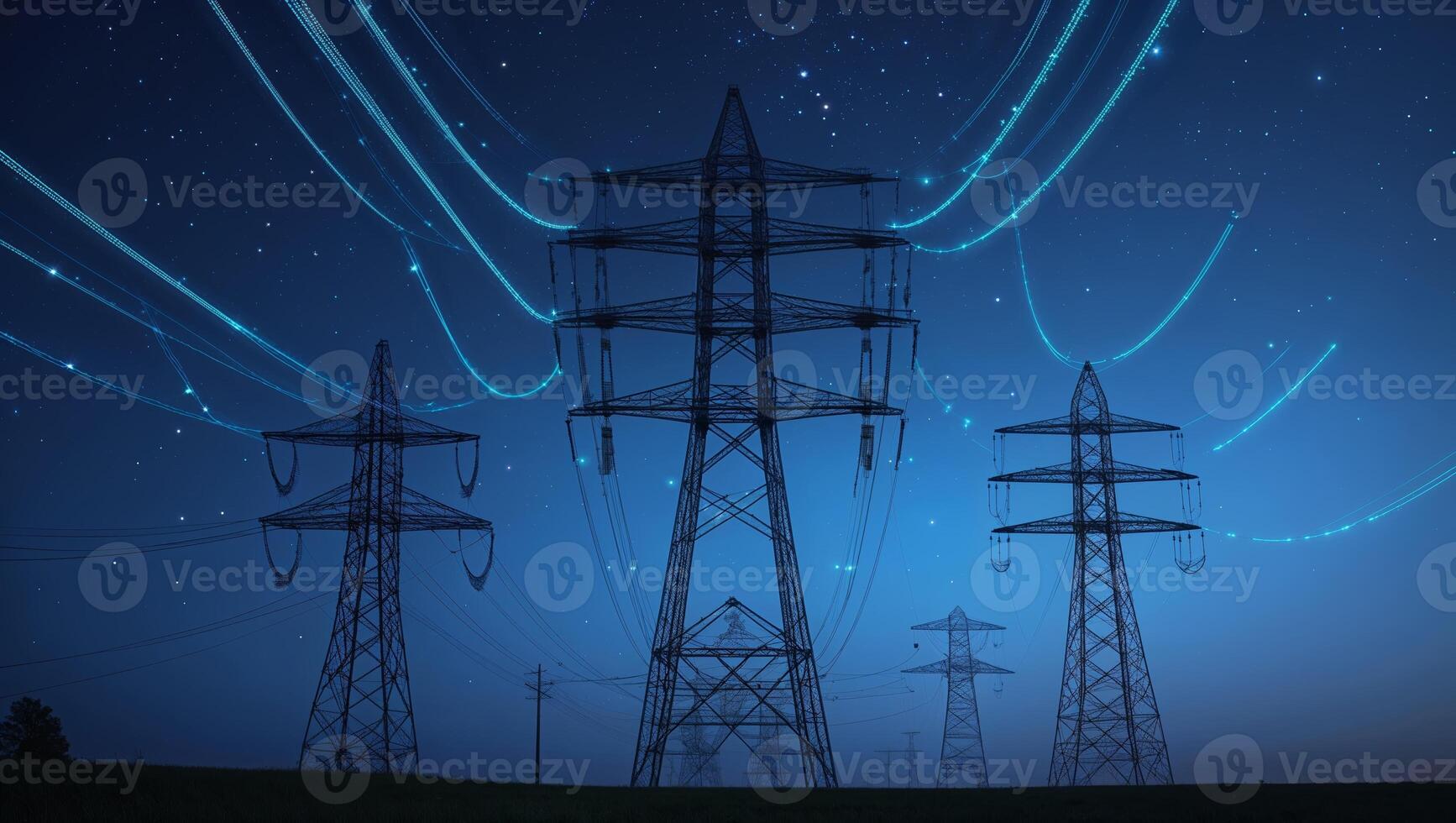 Power lines stand tall against a deep blue sky illuminated by stars while energy flows through the lines at night photo