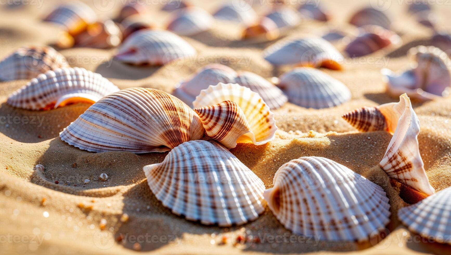 Shells scattered across a sandy beach during a sunny afternoon in summer photo