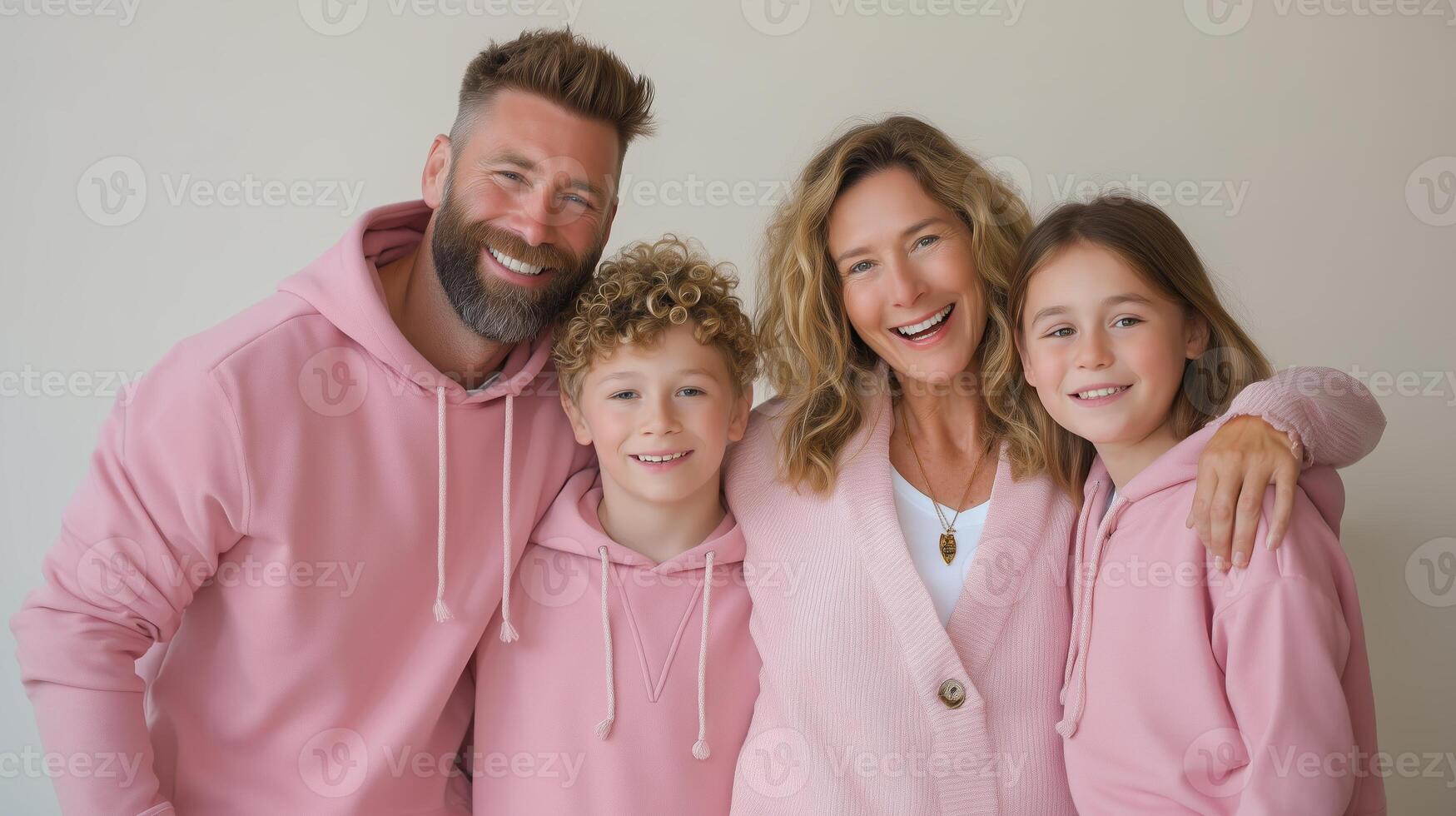 Happy family of four posing together in matching pink outfits at home during daytime photo
