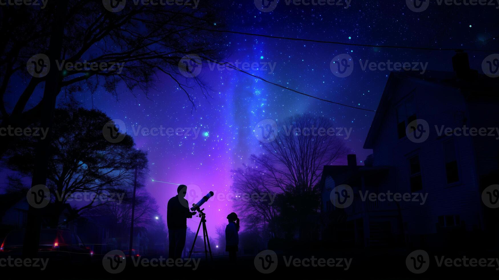 Stargazers observe the night sky with a telescope in a serene countryside setting under a vibrant purple and blue galaxy photo