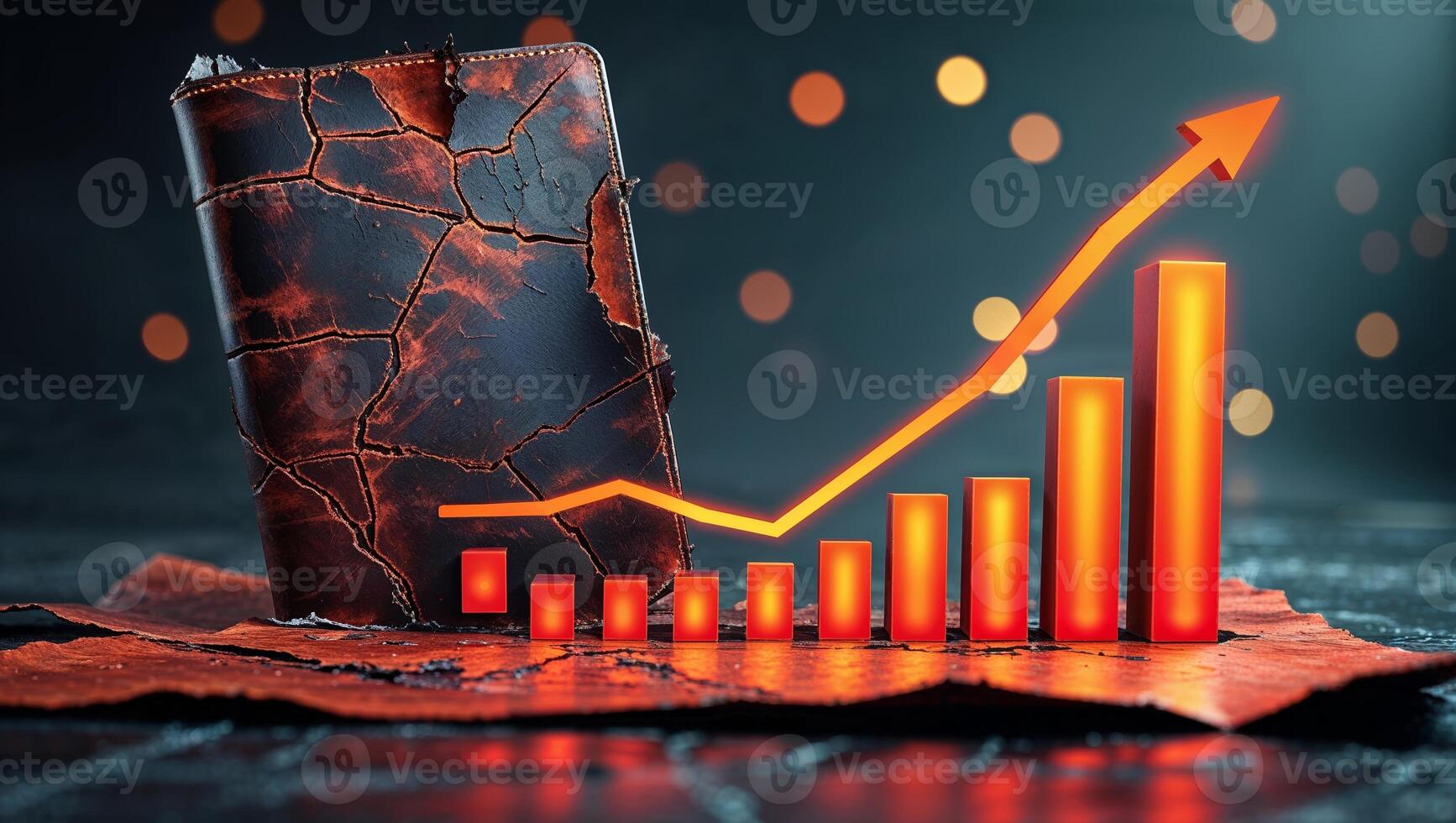 Data analysis in a modern workspace showcasing a rising trend with a distressed notebook and glowing graph at night photo
