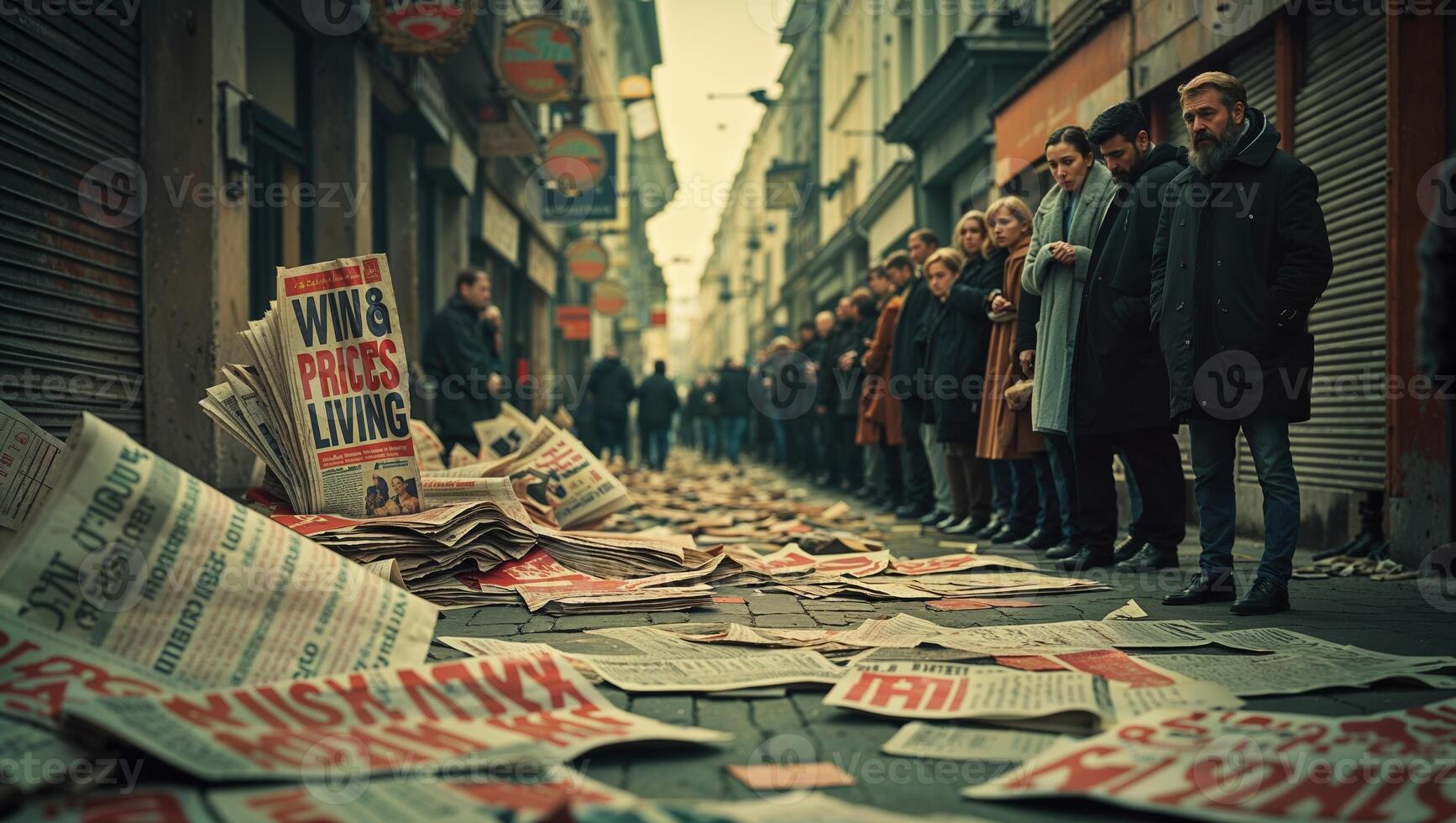 Long line of people waiting in a deserted street covered with newspapers during a news event in an urban setting photo
