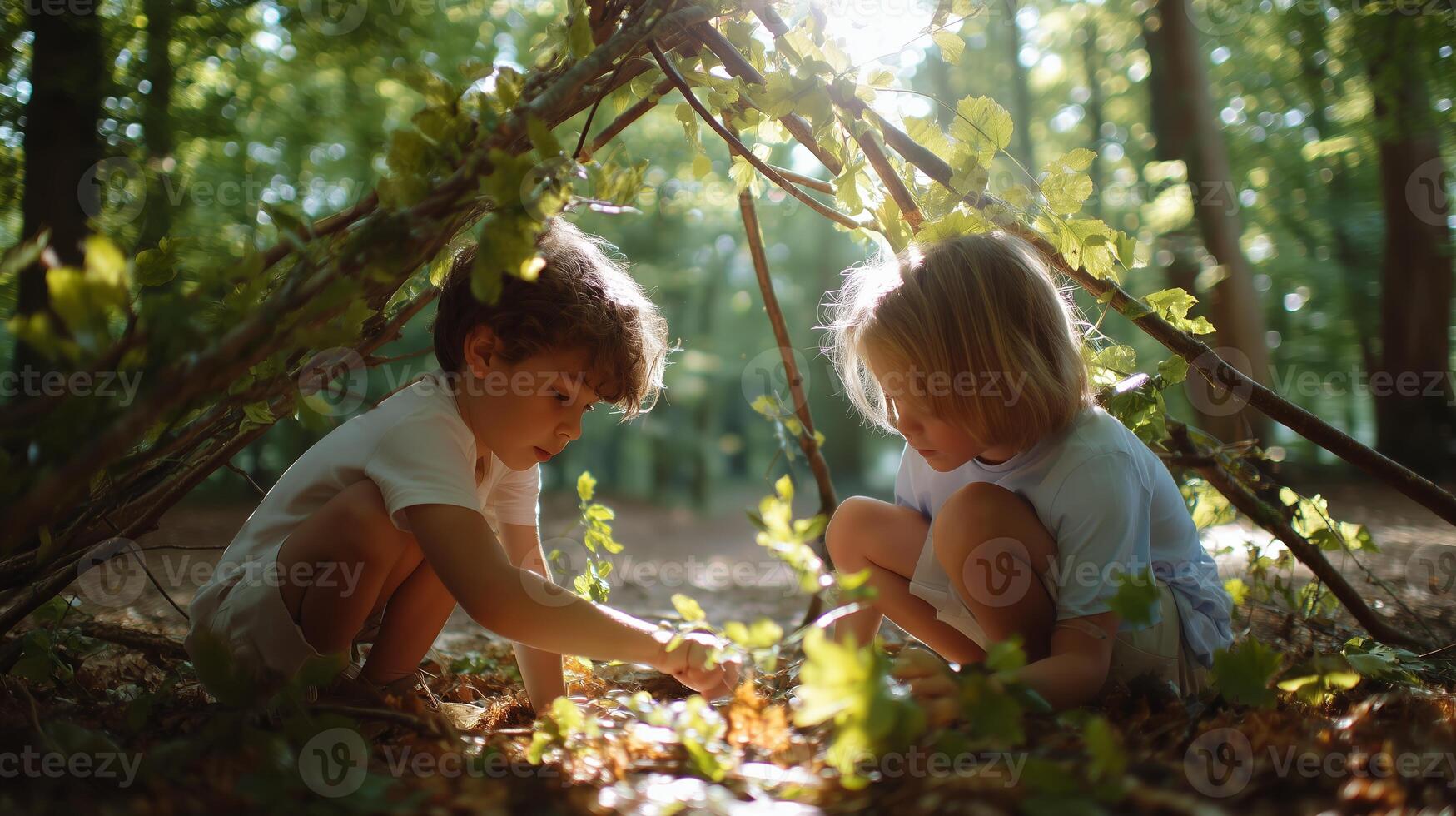 Two children explore nature while building a fort with sticks and leaves in a sunlit forest during the golden hour photo