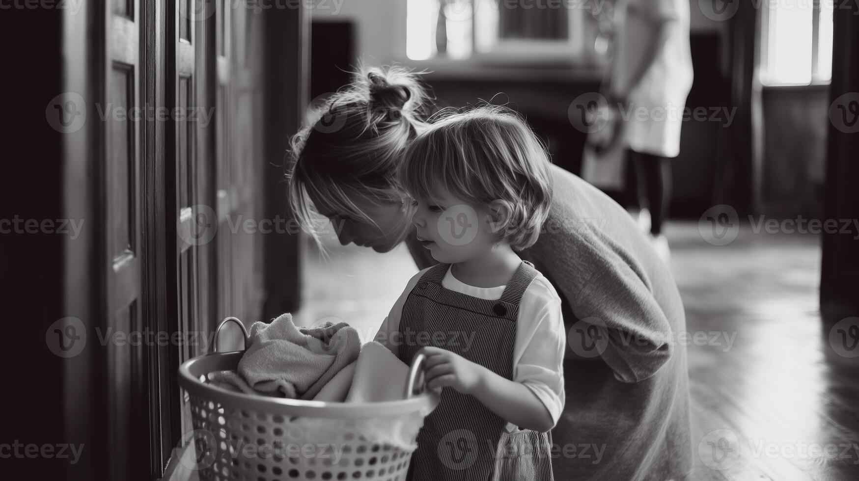 Mother and child explore a basket of laundry together in a cozy indoor setting during the afternoon photo