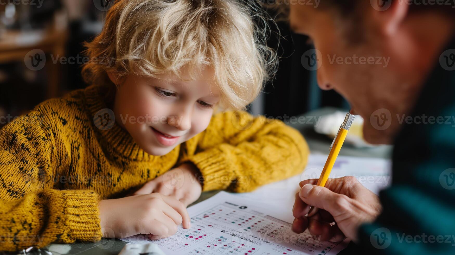 Child and adult engaged in creative activity at home in cozy environment during afternoon photo