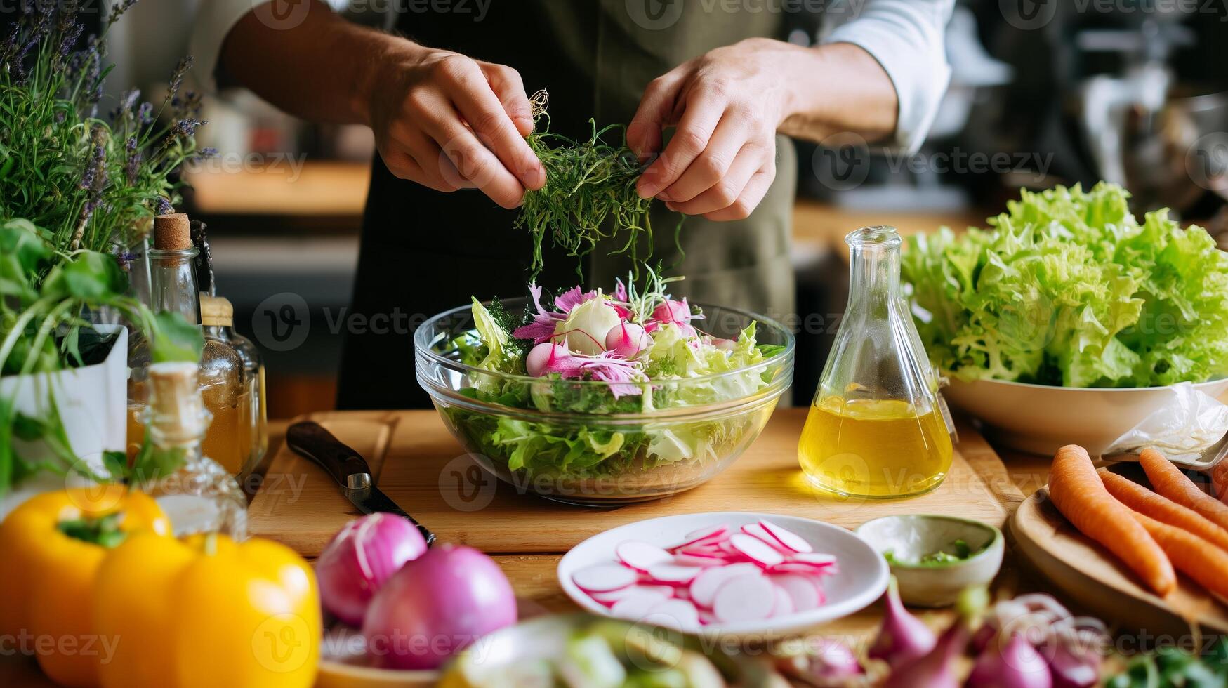 Fresh vegetables and herbs being prepared for a colorful salad in a cozy kitchen setting during the afternoon photo