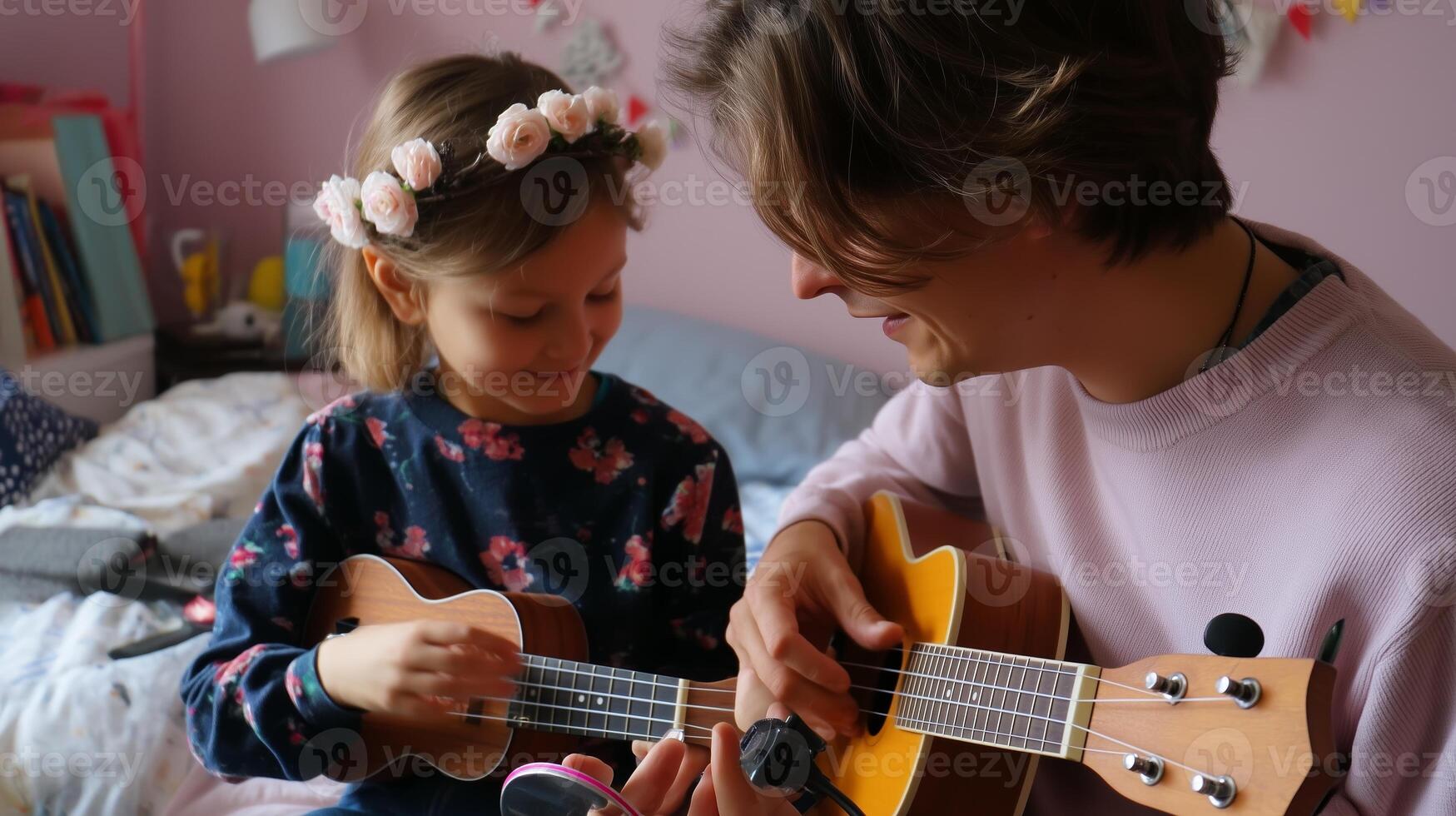 Child and adult enjoying music while playing ukuleles together in a cozy bedroom photo