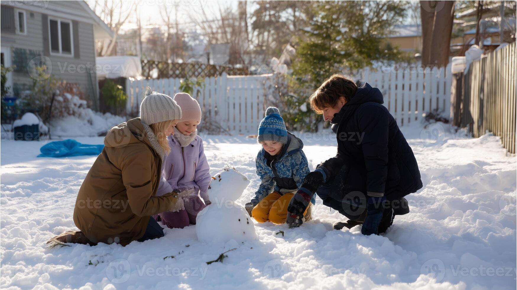 Family enjoys winter day building snowman in backyard with laughter and joy under clear blue sky photo