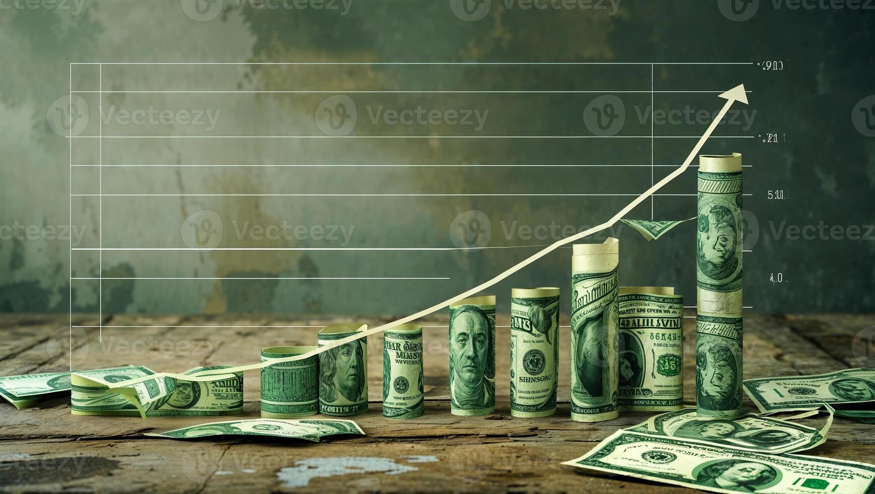 Financial growth represented by dollar bills and an upward trend graph on a textured surface in a well-lit setting photo